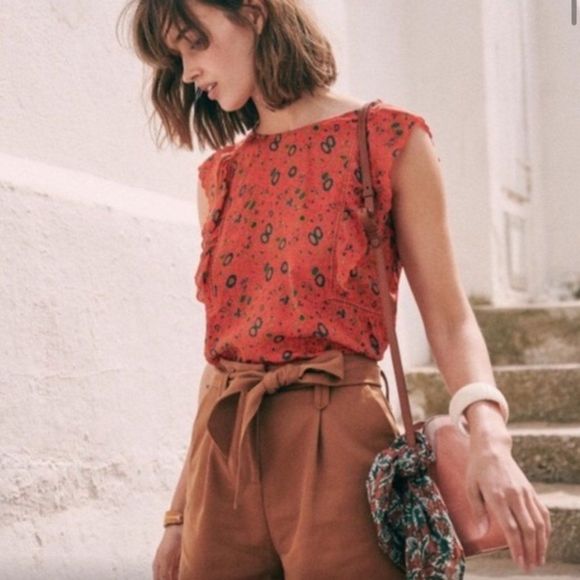 Sezane Tops - Sezane Amande Silk Blouse in Terracotta Floral Print